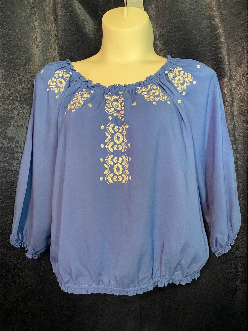 Sunny Leigh Women’s Peasant Top Blue w/White Embroidery Size XL Petite